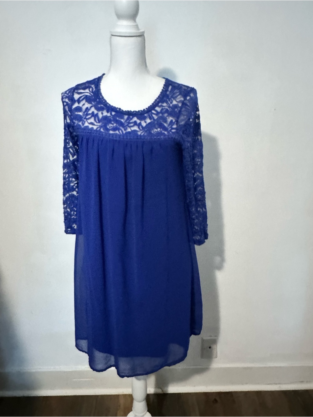 Royal Blue Lace Yoke Chiffon Shift Dress